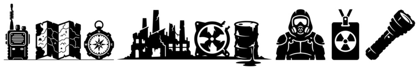 Fototapeta premium Radiation zone survival equipment and post-apocalyptic explorer gear collection in black silhouette style