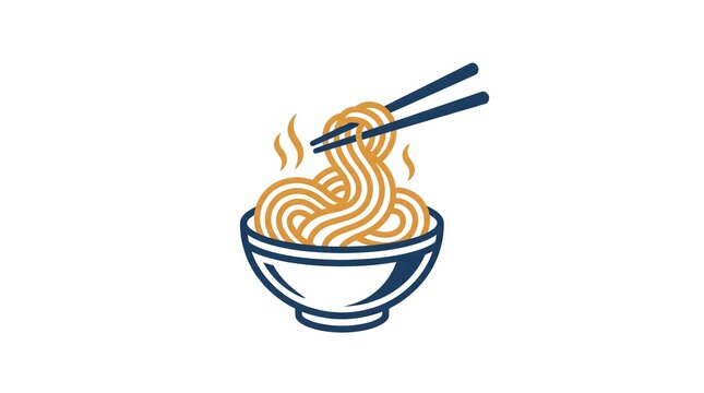 A minimalist vector illustration of a steaming hot noodle bowl with chopsticks lifting noodles, isolated on a white background