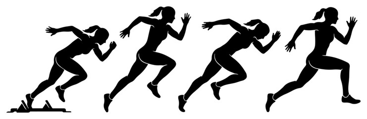 Fototapeta premium Female sprinter silhouettes demonstrating starting block and running phases in black vector style