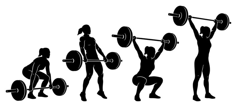 Female weightlifter silhouettes performing powerlifting and barbell exercises in black vector style