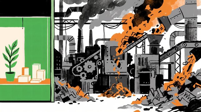 Factory machinery producing waste beside a green potted plant office