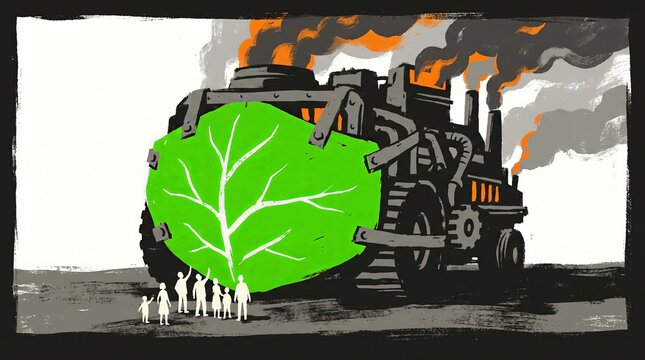 Mechanical claw holding a green leaf on a smoke-belching industrial truck