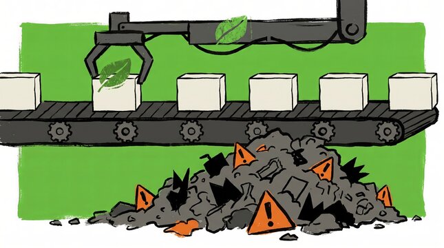 Robotic arm placing a green leaf on boxes above a pile of waste