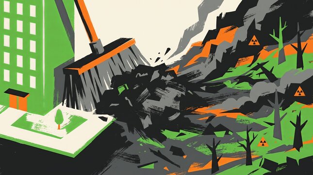 Giant broom sweeping toxic waste behind a green building facade