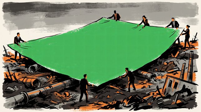 Group of executives carrying a giant green cloth over industrial waste