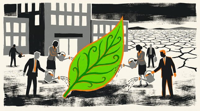 Businesspeople watering a giant leaf in a cracked drought landscape