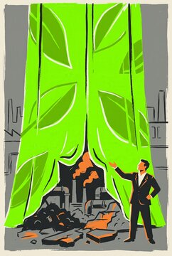 Businessman pulling back a green curtain to reveal a polluting factory