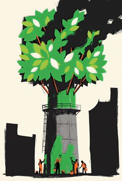 Workers painting a smokestack shaped like a blooming tree