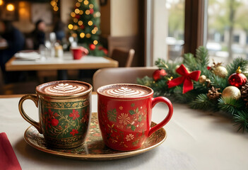 Fototapeta premium Christmas holiday coffee and festive season celebration, two decorated mugs with latte art in a cozy cafe setting
