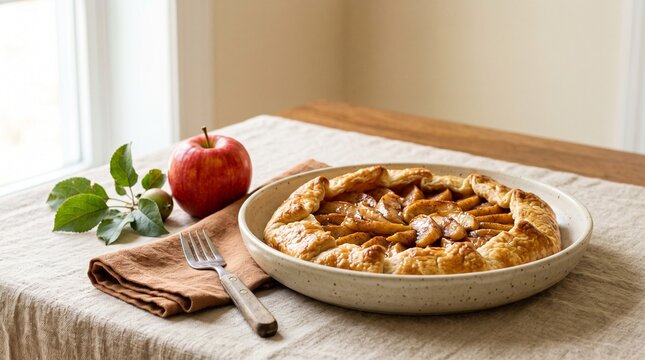 Baked apple galette on a linen-covered dining table