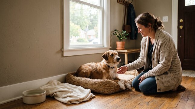 New dog settles into a quiet entryway corner