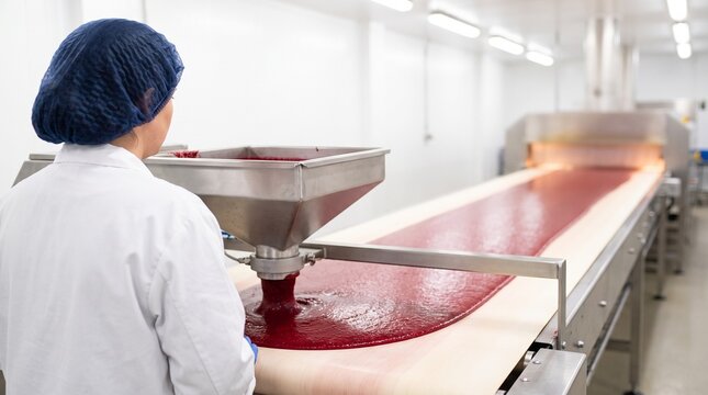 Berry puree enters a continuous casting line for drying