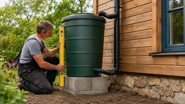 Man installing rain barrel: close detailed view, Caucasian and checking the downpipe connection