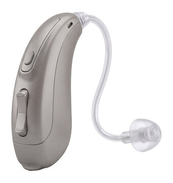 Digital hearing aid device for medical office use with sleek ergonomic design isolated on transparent background