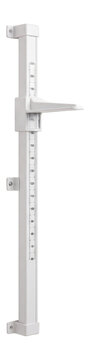 Wall mounted medical stadiometer for height measurement with clear scale and sliding headpiece isolated on transparent background