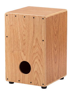 Traditional wooden cajon percussion instrument with natural wood grain finish isolated on transparent background