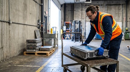 Fototapeta premium Technician receives retired battery modules for second life use