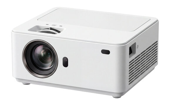 Portable projector in desktop design, compact multimedia device for home cinema isolated on transparent background