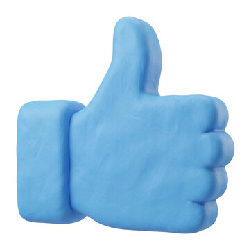 Large thumbs up gesture icon, soft matte clay material with rounded edges, positive feedback symbol isolated on transparent background