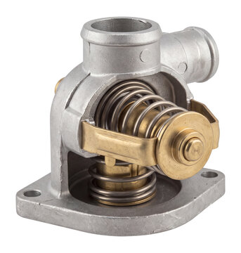 Engine thermostat for automotive cooling system, metallic housing with brass valve, car part isolated on transparent background