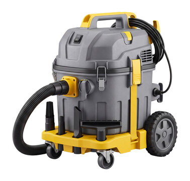 Industrial vacuum cleaner for construction site, heavy duty plastic housing, cleaning equipment isolated on transparent background