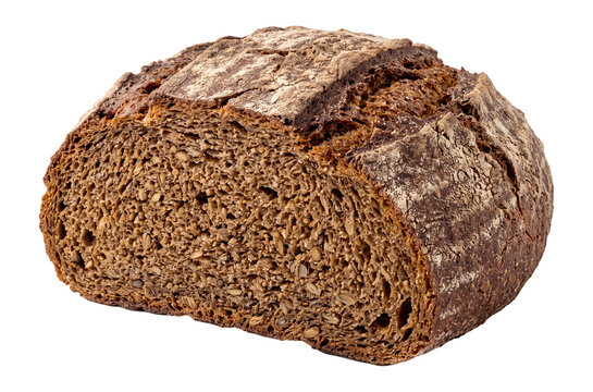 Loaf of dark rye bread, cross section showing dense crumb and crust isolated on transparent background