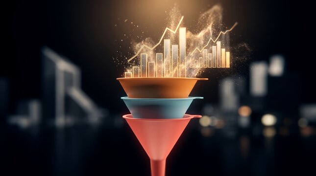 Sales funnel illustration with glowing financial chart showing conversion optimization, data process and revenue growth trends, concept for marketing strategy and business success