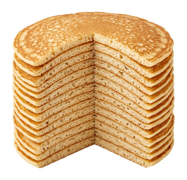 Stack of thin golden pancakes, cross section showing fluffy texture and layers isolated on transparent background