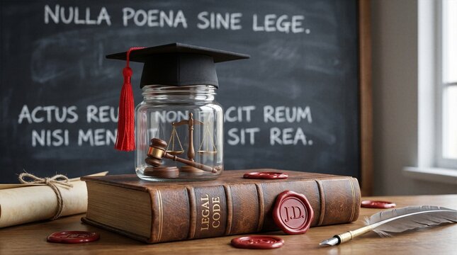 Legal education concept featuring glass jar with judge gavel and scales of justice wearing graduation cap on old law book with wax seal and feather pen against blackboard with Latin maxims