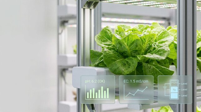 Close up of fresh green lettuce growing in modern vertical farm hydroponic system with digital holographic data panels displaying pH and nutrient levels for smart agriculture