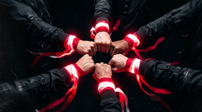 Group of people joining fists in a circle showcasing teamwork, unity and mutual support, concept for business partnership and strong leadership