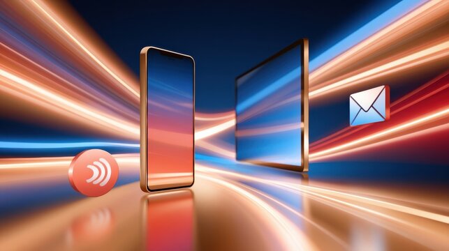 Smartphone and tablet with glowing streams of light and digital icons for connectivity and communication