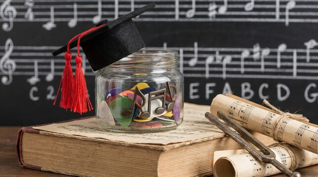 Music theory education concept showing glass jar of colorful guitar picks wearing a graduation cap on vintage sheet music book with tuning fork against chalkboard with musical notes