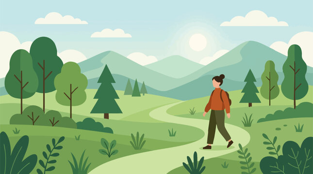 Flat design illustration of person hiking on a path in a natural mountain landscape