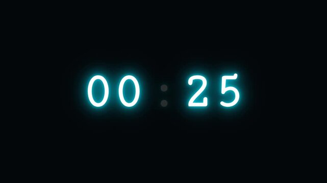 30 to 1 Second Neon Digital Countdown Timer, Stops at One, Cyan to Red. 30 Second Deadline Countdown, Turning Red on Last 10 Seconds, Time Running Out