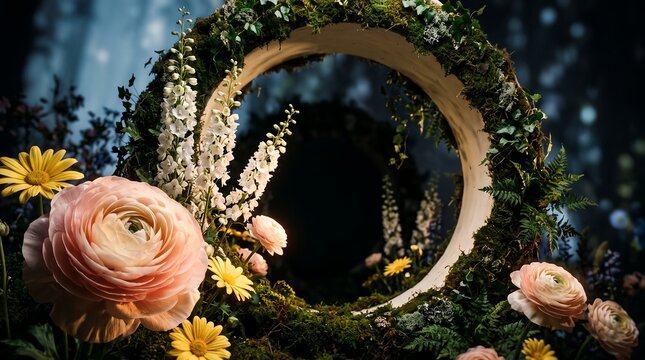 Circular floral frame and mossy podium display featuring pink ranunculus blooms, wild yellow daisies and vibrant forest greenery, concept for product display and natural background