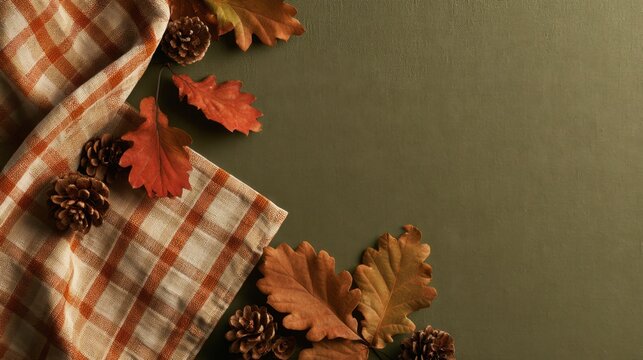 Rustic autumn flatlay with plaid tablecloth, dried oak leaves and pinecones for seasonal decor