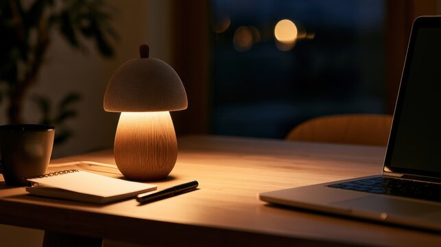 Cozy desktop mushroom lamp casting warm light on notebook and laptop in evening workspace