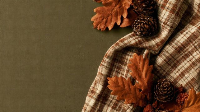 Cozy autumn flat lay with plaid fabric, dried oak leaves and pinecones for seasonal decor and Thanksgiving