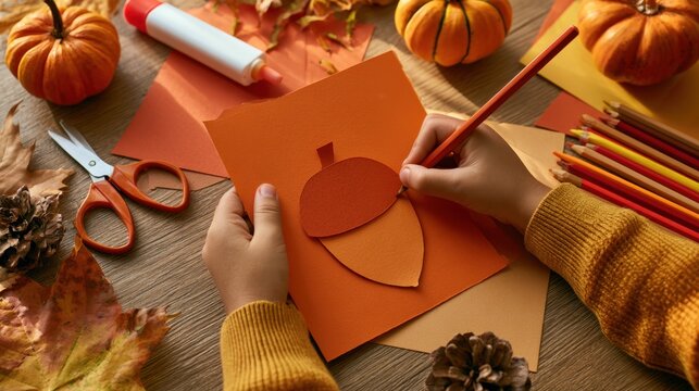 Child making autumn paper acorn craft with colored pencils, pumpkins and fall decorations on table