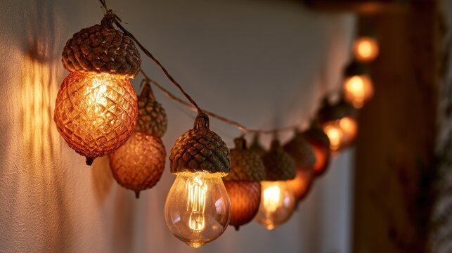 Warm acorn string lights and vintage bulbs hanging on wall for cozy holiday decoration