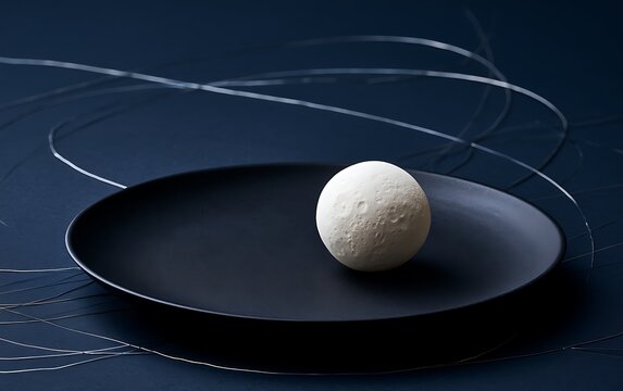 Glowing miniature porcelain moon on black plate, insomnia and sleepless night concept