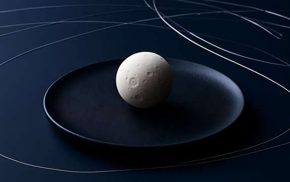 Glowing miniature porcelain moon on black plate, insomnia and sleepless night concept