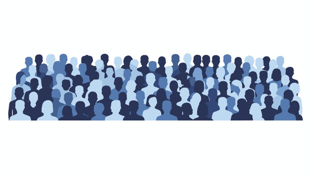 Large group of diverse people silhouettes standing together creates a dense crowd effect in this simple blue vector illustration design.