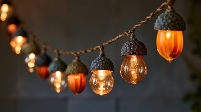 Warm acorn string lights hanging on rustic rope for autumn home decoration and cozy ambiance
