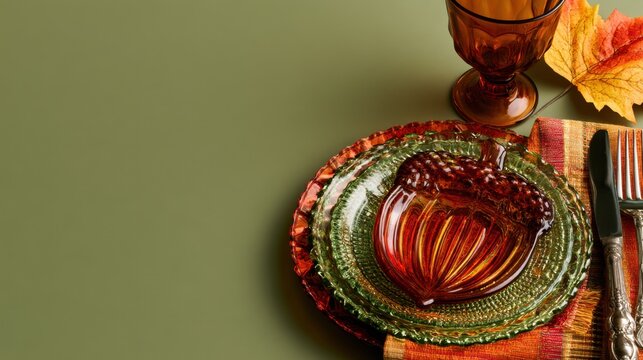 Autumn table setting with amber acorn glass dish on vintage plates and fall napkin for Thanksgiving dinner