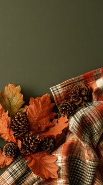 Cozy autumn arrangement of orange oak leaves pinecones and plaid blanket on dark background