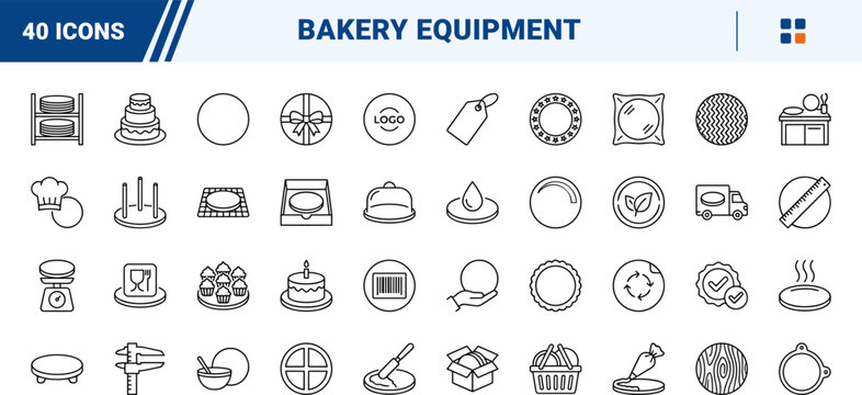 Food and craft line icon set. Vector pictograms of baking, packaging, display, and equipment elements, thin linear illustration.