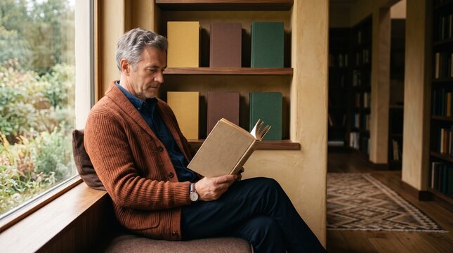 Mature man reads in a warm library window alcove