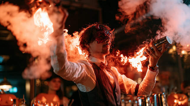 Male Bartender in Devil Mask Performing Fire Show with Shaker at Nightclub